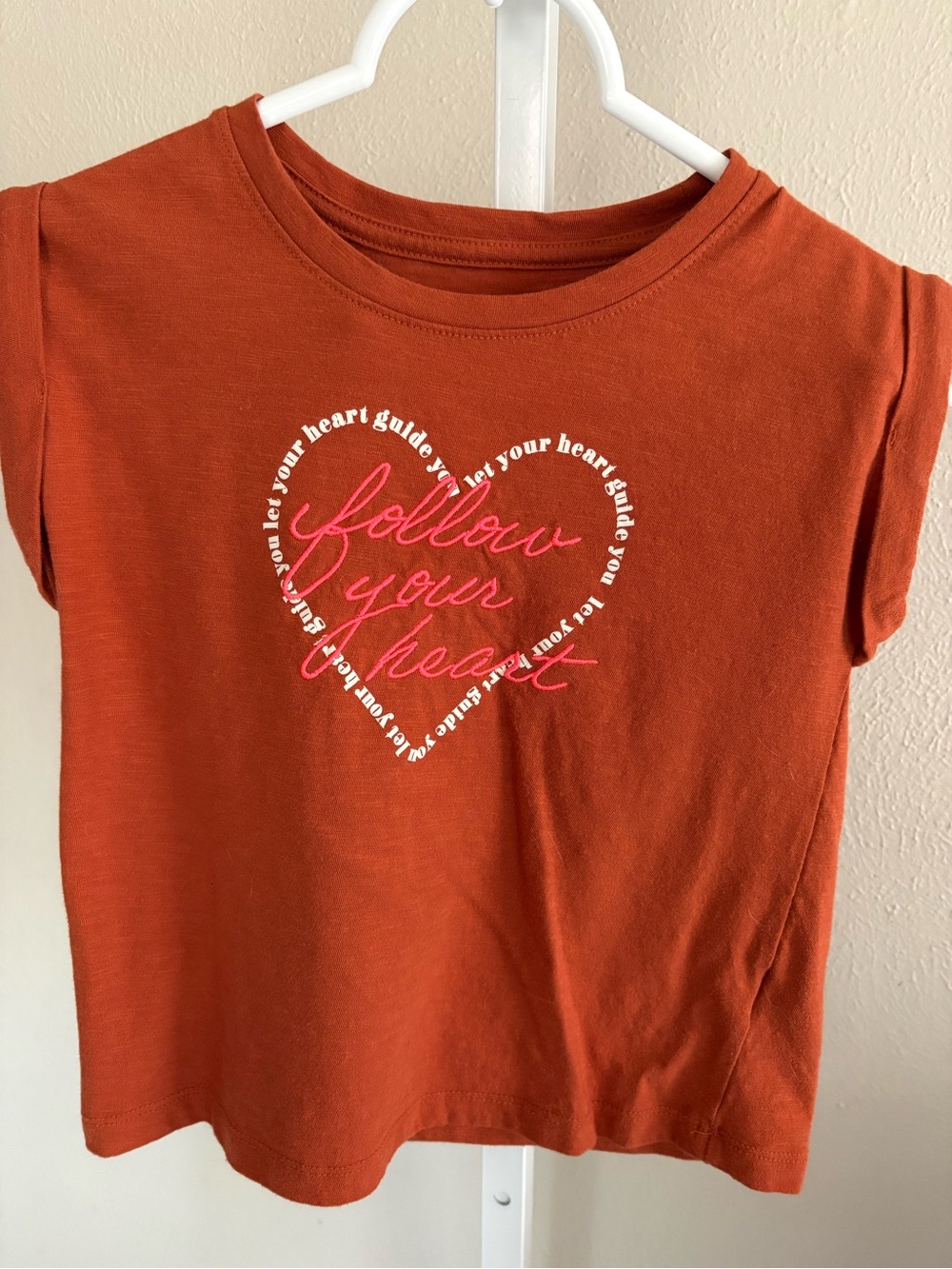 Cat & Jack Rust Orange Girls' Heart Tee with Pink & White Graphic Childs Size 6